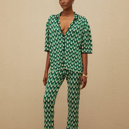Samantha Green Crochet Knit Jacquard Shirt Trousers Set