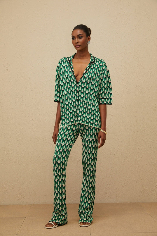 Samantha Green Crochet Knit Jacquard Shirt Trousers Set