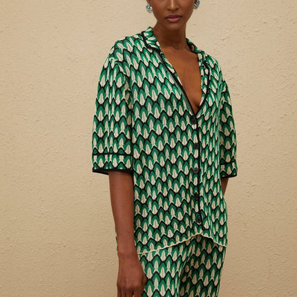 Samantha Green Crochet Knit Jacquard Shirt Trousers Set