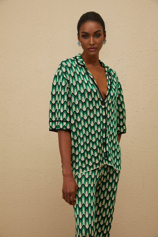 Samantha Green Crochet Knit Jacquard Shirt Trousers Set