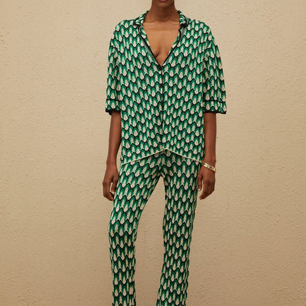 Samantha Green Crochet Knit Jacquard Shirt Trousers Set