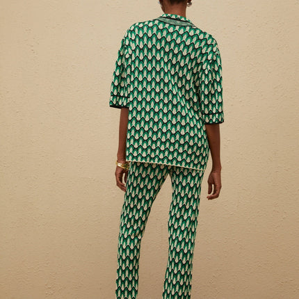 Samantha Green Crochet Knit Shirt Trousers Set
