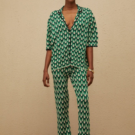 Samantha Green Crochet Knit Shirt Trousers Set