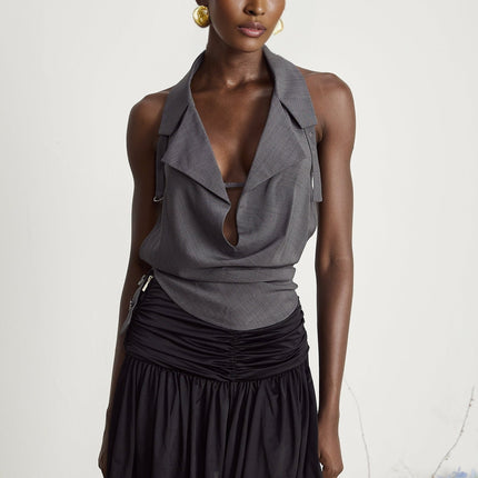 Samantha Grey Polyester Open Back Top Curved Hem Chic Flair Button Fastening