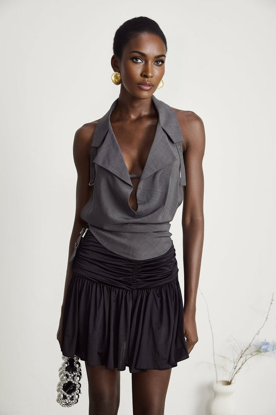 Samantha Grey Polyester Open Back Top Curved Hem Chic Flair Button Fastening