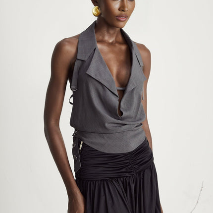 Samantha Grey Polyester Sleeveless Top with Open Back Design and Low-Cut Lapels
