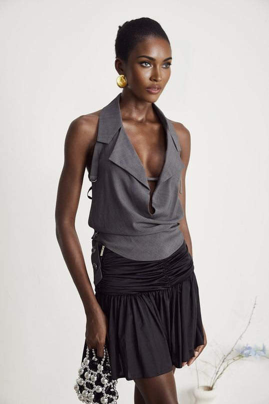 Samantha Grey Polyester Sleeveless Top with Open Back Design and Low-Cut Lapels