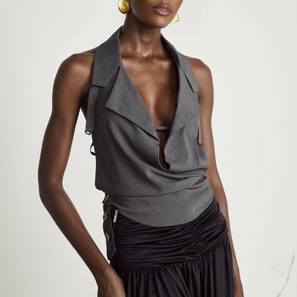 Samantha Grey Open Back Sleeveless Top Polyester Chic Flair Button Fastening