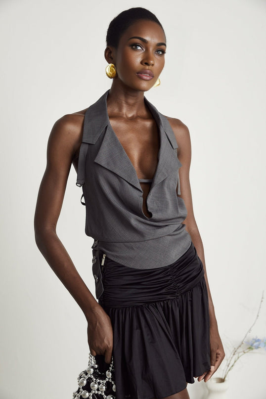 Samantha Grey Open Back Sleeveless Top Polyester Chic Flair Button Fastening