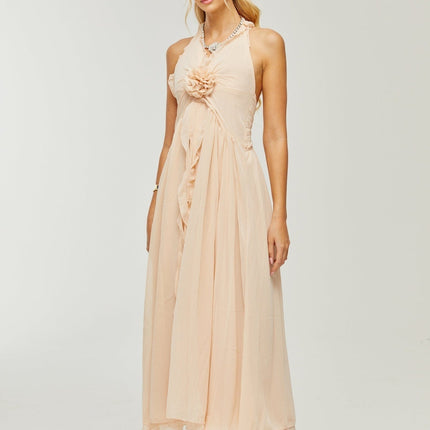 Samantha Halter-neck Maxi Dress in Neutrals Polyester Silk Ruffled Trim Open Back Side Slit Faux Flower Embellishment Glamour