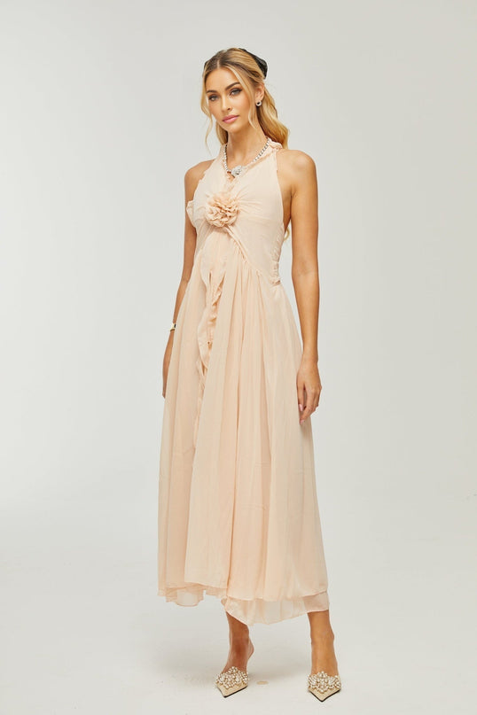 Samantha Halter-neck Maxi Dress in Neutrals Polyester Silk Ruffled Trim Open Back Side Slit Faux Flower Embellishment Glamour