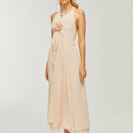 Samantha Halter-neck Maxi Dress in Neutrals Polyester Silk Ruffled Trim Faux Flower Embellishment Side Slit Open Back Sleeveless