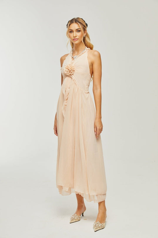 Samantha Halter-neck Maxi Dress in Neutrals Polyester Silk Ruffled Trim Faux Flower Embellishment Side Slit Open Back Sleeveless