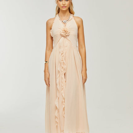 Samantha Halter-neck Maxi Dress in Neutrals with Ruffled Trim and Faux Flower Embellishment