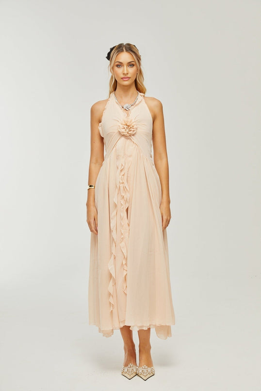 Samantha Halter-neck Maxi Dress in Neutrals with Ruffled Trim and Faux Flower Embellishment