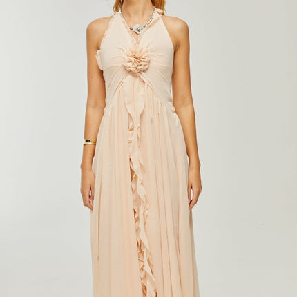 Samantha Halter-neck Maxi Dress Neutrals Sleeveless Deep V-neckline Open Back Ruffled Trim Faux Flower Embellishment Side Slit 80% Polyester 20% Silk Luxurious Blend Statement Piece Timeless Charm Contemporary Allure