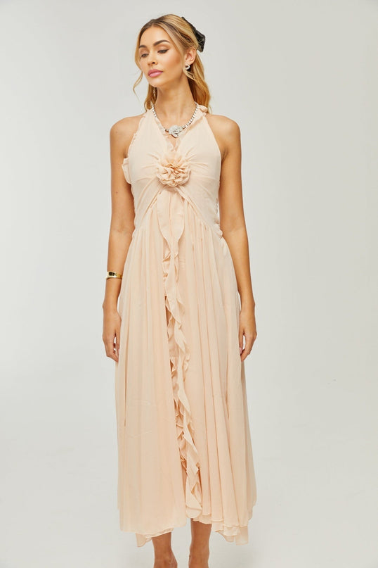 Samantha Halter-neck Maxi Dress Neutrals Sleeveless Deep V-neckline Open Back Ruffled Trim Faux Flower Embellishment Side Slit 80% Polyester 20% Silk Luxurious Blend Statement Piece Timeless Charm Contemporary Allure
