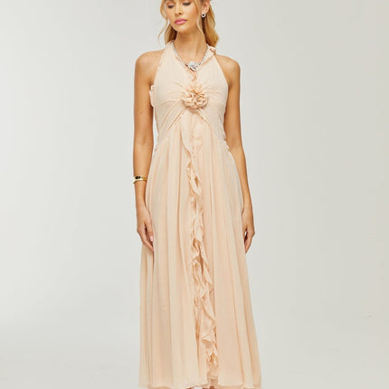 Samantha Halter-neck Maxi Dress in Neutrals with ruffled trim and faux flower embellishment
