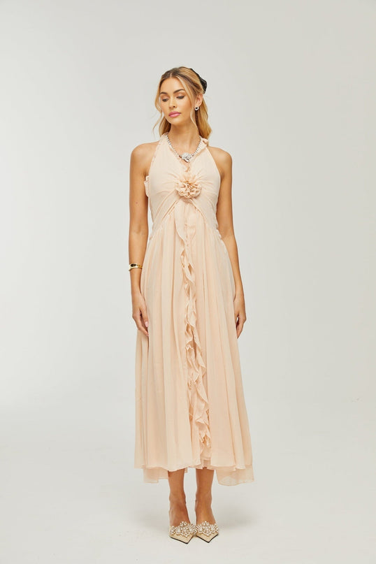 Samantha Halter-neck Maxi Dress in Neutrals with ruffled trim and faux flower embellishment