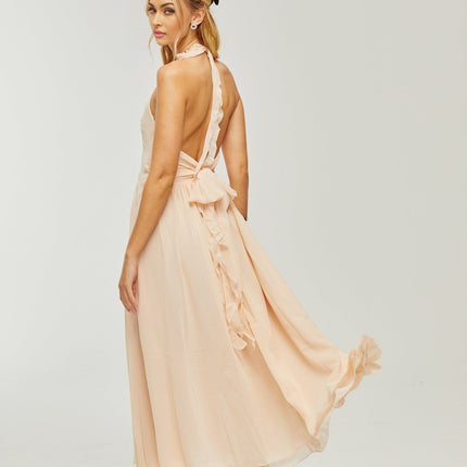 Samantha Halter-neck Maxi Dress in Neutrals Polyester Silk Ruffled Trim Open Back Faux Flower Embellishment Side Slit