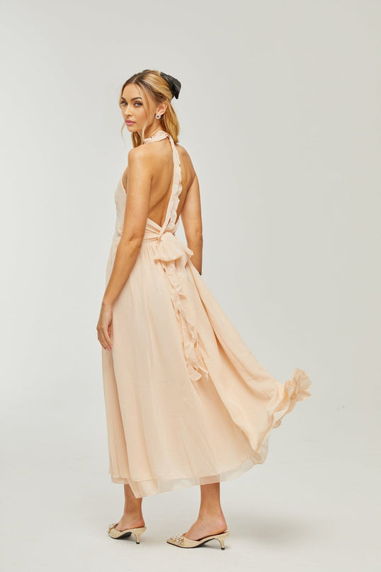 Samantha Halter-neck Maxi Dress in Neutrals Polyester Silk Ruffled Trim Open Back Faux Flower Embellishment Side Slit