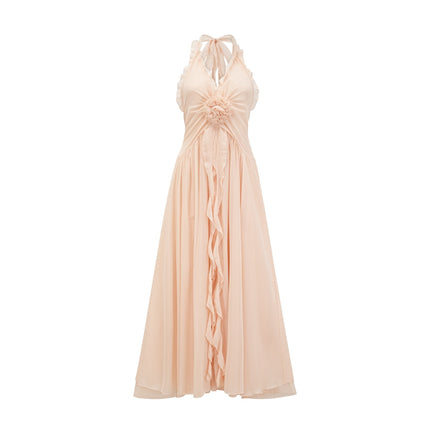 Samantha Halter-neck Maxi Dress in Neutrals with Ruffled Trim and Faux Flower Embellishment