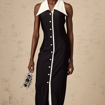 Samantha Black Maxi Dress Polyamide Polyester Faux-Pearl Embellishments Button Detailing Open Back Design Sleeveless Straight Hem Rear Zip Fastening Elegant Sophisticated Graceful Opulent Glamour