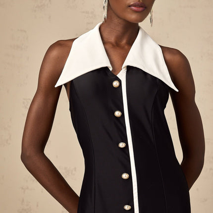 Samantha Black Maxi Dress Polyester Polyamide Faux-Pearl Embellishments Button Detailing Straight Hem Opulence Glamour Luxury Elegance