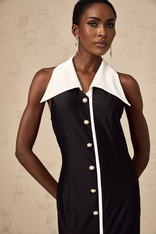 Samantha Black Maxi Dress Polyester Polyamide Faux-Pearl Embellishments Button Detailing Straight Hem Opulence Glamour Luxury Elegance