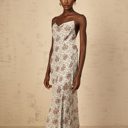 Samantha Blue Brown Floral Print Maxi Dress