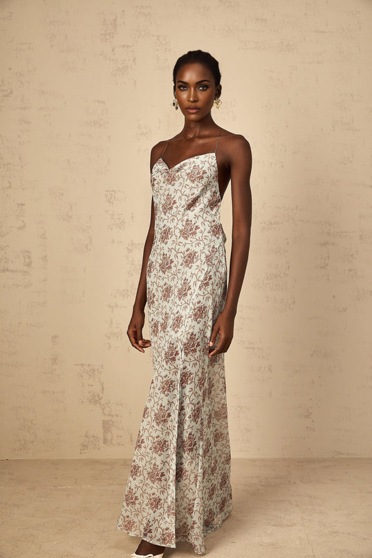 Samantha Blue Brown Floral Print Maxi Dress