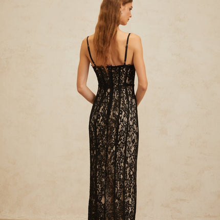 Samantha Black Lace Maxi Dress Sweetheart Neckline Spaghetti Straps Cinched Waist Bustier Style Pencil Cut Semi-Sheer Fabric Frayed Edges Rear Zip Fastening Formal Events Special Occasions Elegance Grace