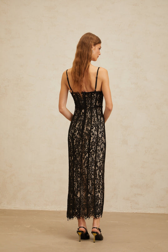 Samantha Black Lace Maxi Dress Sweetheart Neckline Spaghetti Straps Cinched Waist Bustier Style Pencil Cut Semi-Sheer Fabric Frayed Edges Rear Zip Fastening Formal Events Special Occasions Elegance Grace