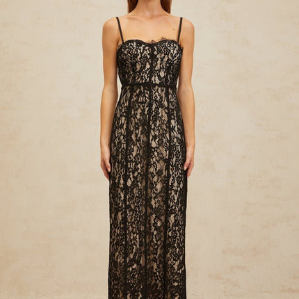 Samantha Maxi Dress Lace Black Sweetheart Neckline Adjustable Spaghetti Straps Cinched Waist Bustier Style Pencil Cut Semi-Sheer Fabric Delicate Frayed Edges Rear Zip Fastening Formal Events Special Occasions Elegance Grace