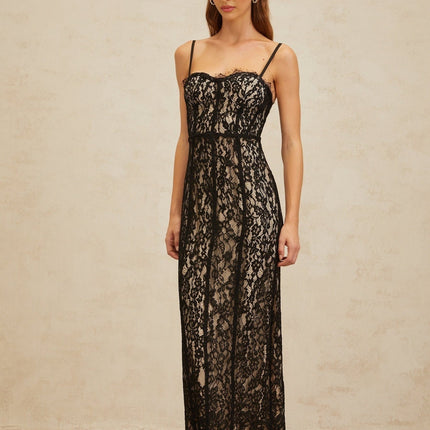 Samantha Black Lace Maxi Dress with Sweetheart Neckline and Adjustable Straps