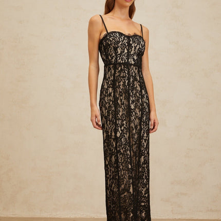 Samantha Black Lace Maxi Dress with Sweetheart Neckline and Adjustable Straps