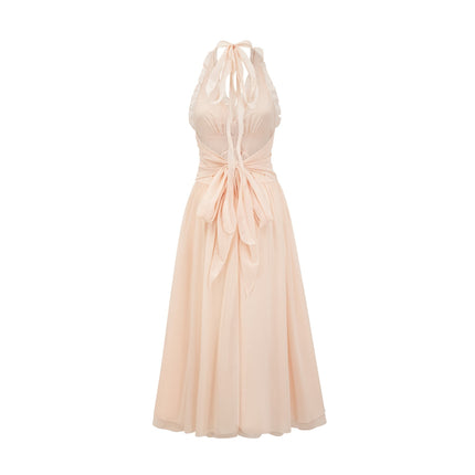 Samantha Neutrals Halter-neck Maxi Dress with V-neckline, open back, ruffled trim, and faux flower embellishment in Polyester Silk blend