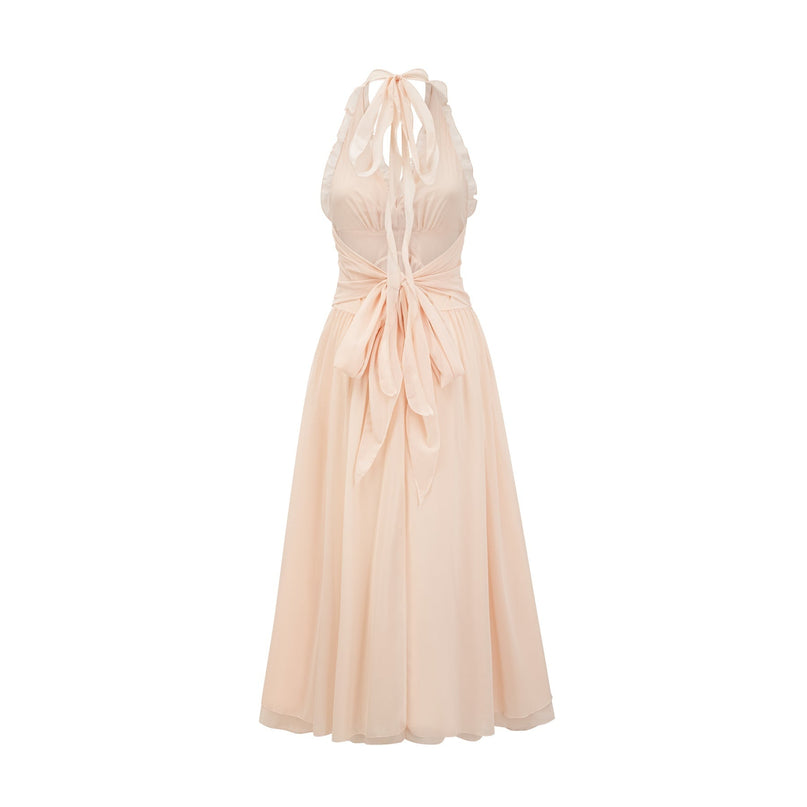 Samantha Neutrals Halter-neck Maxi Dress with V-neckline, open back, ruffled trim, and faux flower embellishment in Polyester Silk blend