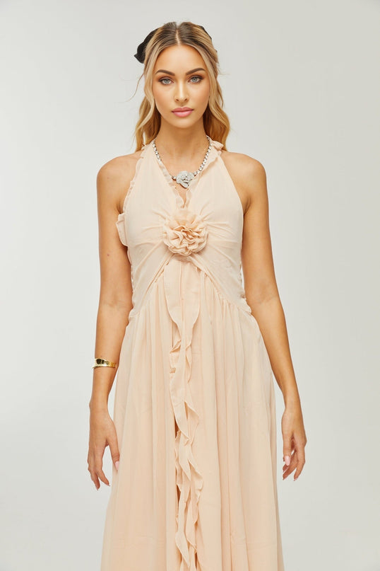 Samantha Neutrals Halter-neck Maxi Dress with Ruffled Trim and Faux Flower Embellishment