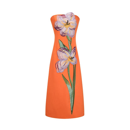 Samantha Orange Floral Embroidered Sequin Midi Dress