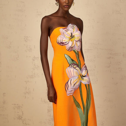 Samantha Orange Floral Embroidered Sequin Midi Dress