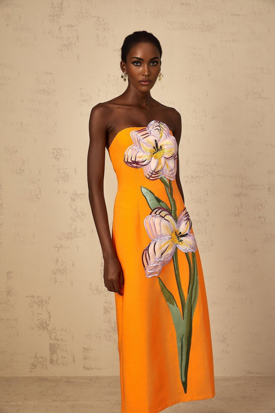 Samantha Orange Floral Embroidered Sequin Midi Dress
