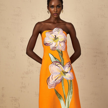 Samantha Orange Floral Embroidered Sequin Midi Dress