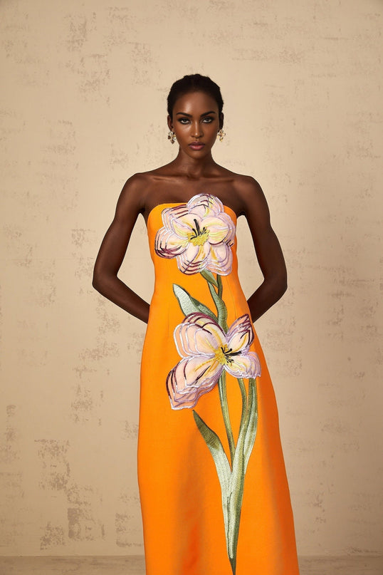 Samantha Orange Floral Embroidered Sequin Midi Dress