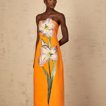Samantha Orange Floral Embroidered Sequin Midi Dress