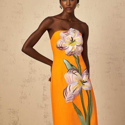 Samantha Orange Floral Embroidered Sequin Midi Dress