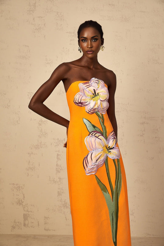 Samantha Orange Floral Embroidered Sequin Midi Dress