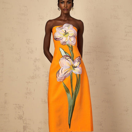 Samantha Orange Floral Embroidered Sequin Midi Dress