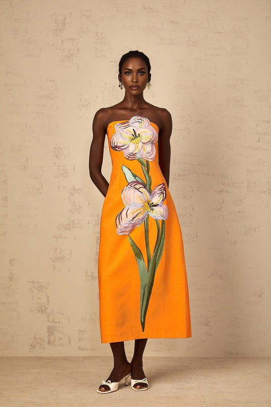 Samantha Orange Floral Embroidered Sequin Midi Dress