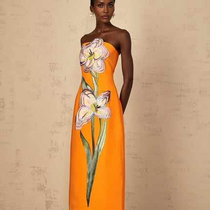Samantha Orange Floral Embroidered Sequin Midi Dress